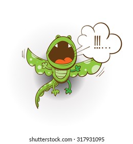 Vector card with cute cartoon flying shouting dragon.