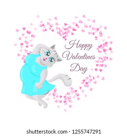 Vector card with cute cartoon grey cat in blue dress among the little pink hearts isolated on the white background. Text Happy Valentines Day.