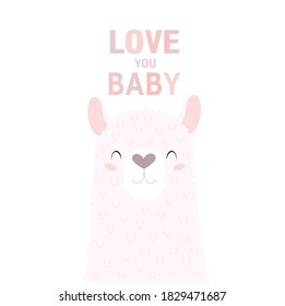 Vector card with cute cartoon llama on white background "love you baby". Poster, postcard, valentine, invitation

