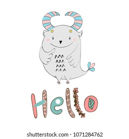 vector card with cute cartoon monster. Hello.