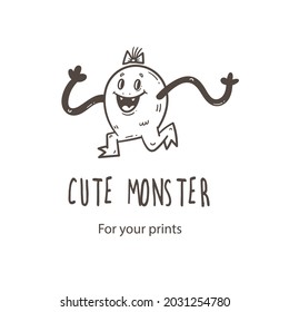 Vector card with cute cartoon monster. Funny fictional animal . Doodle line art creature print. Childrens fairy tale poster.