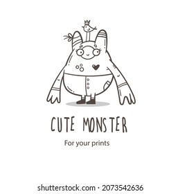 Vector card with cute cartoon monster. Funny fictional animal . Doodle line art creature print. Childrens fairy tale poster.