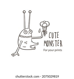 Vektorkarte mit süßem Cartoon-Monster. Funny Fiktion Tier . Doodle-Linie-Kunstkreatur-Druck. Kinder Märchenplakat.