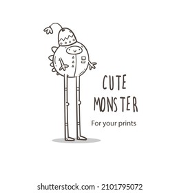 Vector card with cute cartoon monster. Funny fictional animal . Doodle line art creature print. Childrens fairy tale poster.