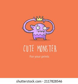 Vector card with cute cartoon monster. Funny fictional animal . Doodle line art creature print. Childrens fairy tale colorful poster.