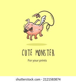 Vector card with cute cartoon monster. Funny fictional animal . Doodle line art creature print. Childrens fairy tale poster.