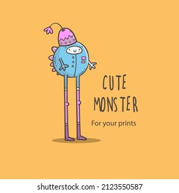 Vector card with cute cartoon monster. Funny fictional animal . Doodle line art creature print. Childrens fairy tale poster.