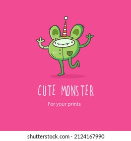 Vector card with cute cartoon monster. Funny fictional animal . Doodle line art creature print. Childrens fairy tale colorful poster.