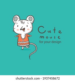 Vector card with  cute cartoon mouse in dress. Doodle animal poster. Funny fashion print. Childrens contour illustration.