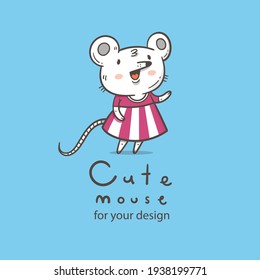 Vector card with  cute cartoon mouse in dress. Doodle animal poster. Funny fashion print. Childrens contour illustration.