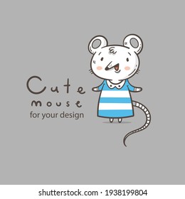Vector card with  cute cartoon mouse in dress. Doodle animal poster. Funny fashion print. Childrens contour illustration.