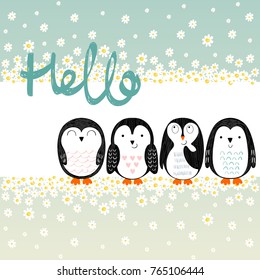 Vector card with cute cartoon penguins. Hello