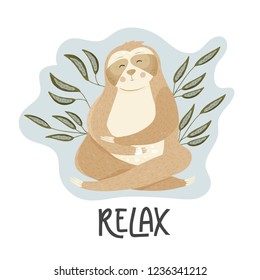 Vector card with cute cartoon sloth. Vector dreaming animal illustration in a flat style. Relax lazy bear poster.