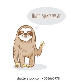 Vector card with cute cartoon sloth. Funny animal. 
