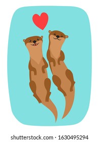 Vector card with cute cartoon swimming otter couple and heart for Valentines Day. Pretty animals use for poster, website, brochure, card