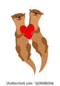 Vector card with cute cartoon swimming otter couple and heart for Valentines Day. Pretty animals use for poster, website, brochure, card