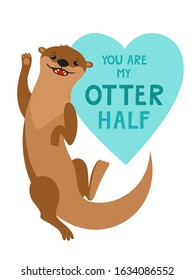 Vector card with cute cartoon swimming otter with lettering for Valentines Day. Pretty animals use for poster, website, brochure, card