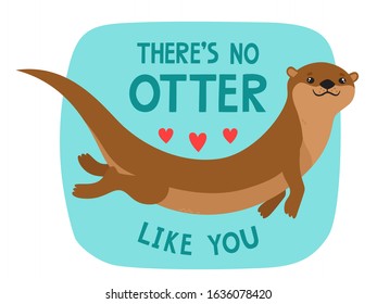 Vector card with cute cartoon swimming otter and heart with lettering for Valentines Day. Pretty animals use for poster, website, brochure, card