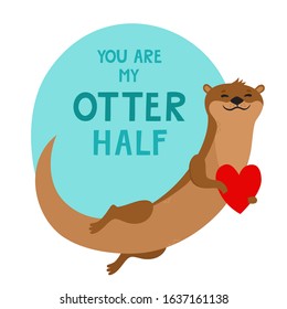 Vector card with cute cartoon swimming otter and heart with lettering for Valentines Day. Pretty animals use for poster, website, brochure, card