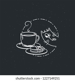 Vector card with cute cat with cup and a sandwich. Tea time, coffee or cocoa. Illustration for prints, designs, coloring books