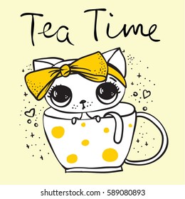 Vector card with cute cat in the cup and hand drawn text - Tea time