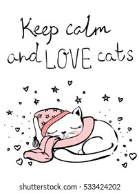 Vector card with cute cat and hand drawn text