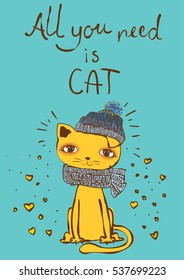 Vector card with cute cat and hand drawn funny cat text.