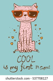 Vector card with cute cat and hand drawn funny cat text.