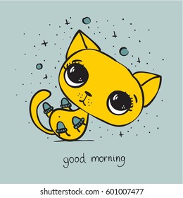 Vector card with cute cat and hand drawn text - Good morning