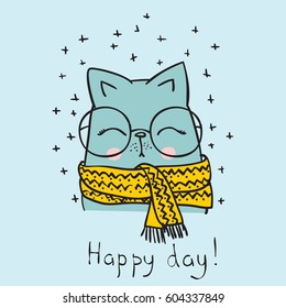 Vector card with cute cat and hand drawn text - Happy day.