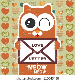 Vector card cute cat holding a love letter