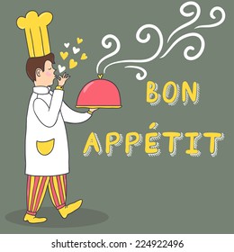 Vector card with cute chef and text in French "Bon appetit". Retro card with hand drawing cartoon character.