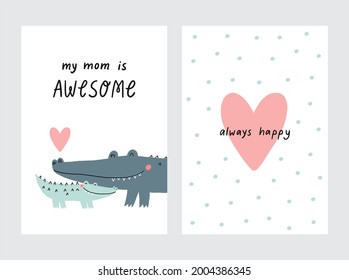 Vector card with cute crocodile. Flat style print for kids. Mom and baby alligator. Mother's Day card