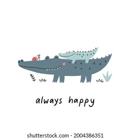 Vector card with cute crocodile. Flat style print for kids. Mom and baby alligator. Mother's Day card