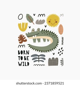 Vector card with cute crocodile. Hand drawn in kid style. The design used for print, wallpaper, fabric, textile Kids vector illustration