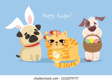 Vector card with cute dogs and cat with rabbit ears, spring fpower, egg and hand drawn text - Happy Easter in the flat style