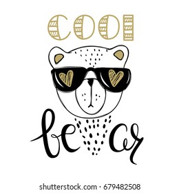 Vector card with cute fashion bear. Stylish teddy bear with glasses. Doodle kids animals print. Funny character. Cute illustration, trendy design. 