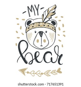 Vector card with cute fashion bear. Stylish teddy bear. Doodle kids animals print. Funny character. Cute illustration, trendy design.