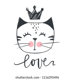 Vector card with cute fashion cat. Stylish kitten. Doodle Kitty. Kids animals print. Funny character. Cute illustration, trendy design.