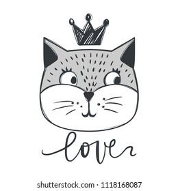 Vector card with cute fashion cat. Stylish kitten. Doodle Kitty. Kids animals print. Funny character. Cute illustration, trendy design.