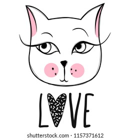 Vector card with cute fashion cat. Stylish kitten. Doodle Kitty. Kids animals print. Funny character. Cute illustration, trendy design.
