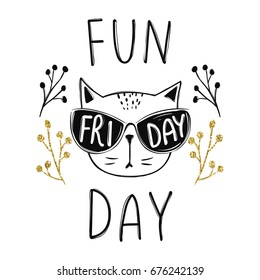 Vector card with cute fashion cat. Stylish kitten. Doodle Kitty. Kids animals print. Funny character. Cute illustration, trendy design.