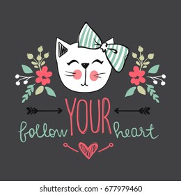 Vector card with cute fashion cat. Stylish kitten. Doodle Kitty. Kids animals print. Funny character. Cute illustration, trendy design.