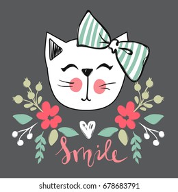 Vector card with cute fashion cat. Stylish kitten. Doodle Kitty. Kids animals print. Funny character. Cute illustration, trendy design.