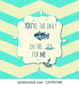  Vector card with cute fish and anchor in text box on stylish seamless pattern.