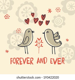 vector card with cute flowers, cartoon birds, hearts  and text 