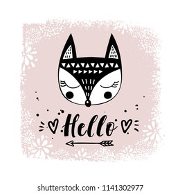 Vector card with cute fox. Illustration for children's prints, greetings, posters, t-shirt, packaging, invites. Cute animal. Elements for your design. Postcard with hello text. Funny cartoon animal.