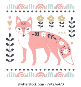  Vector card with cute fox. Illustration for children's prints, greetings, posters, t-shirt, packaging, invites. Cute animal. Element for your design. Vector illustration.