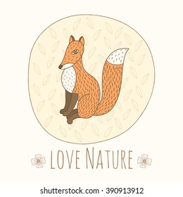 vector card with cute fox on background with leaves, and text "love nature".