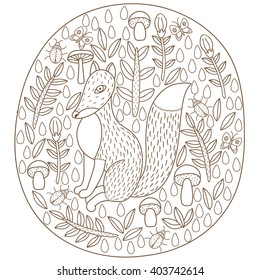 vector card with cute fox on floral background with leaves, branches, mushrooms, flowers, butterflies and beetles. adult coloring page.